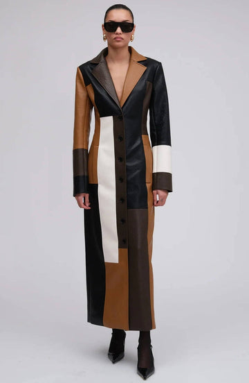 Color Blocked Leather Trench Coat