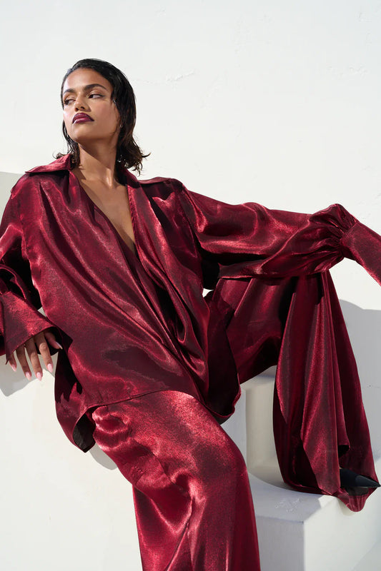 Deep VNeck Shirt wide Leg Pants Set