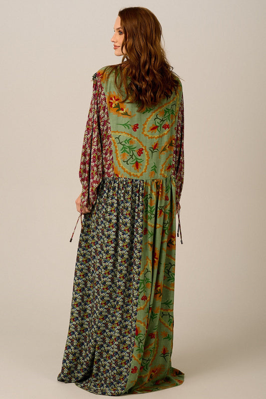 Long Wide Green Printed Patchwork Dress