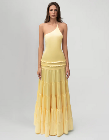 Yellow one-shoulder layered maxi dress