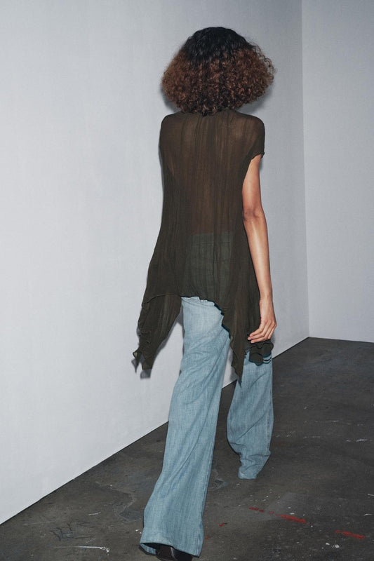 Olive green tulle pleated tie top