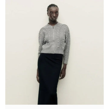 Pearl trim knit bomber cardigan