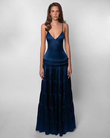 Navy Satin Spaghetti-Strap Maxi Dress