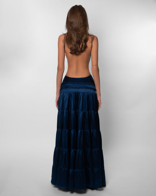 Navy Satin Spaghetti-Strap Maxi Dress