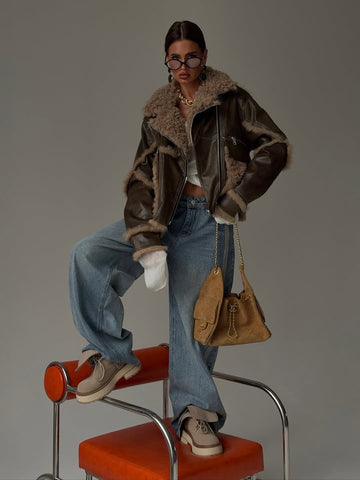 Olive-colored leather wool motorcycle jacket