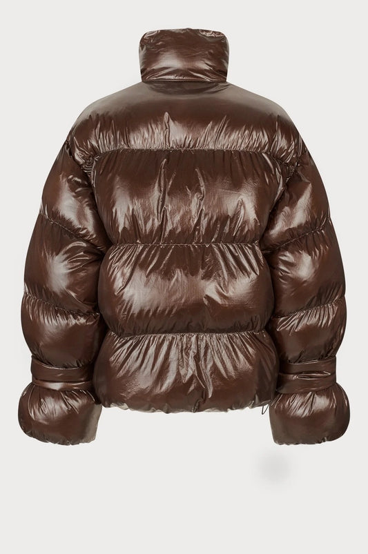Chocolate-colored glossy down jacket