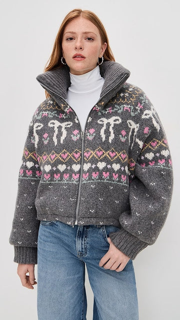 Charcoal Grey Fair Isle Knit Zip-Up Jacket