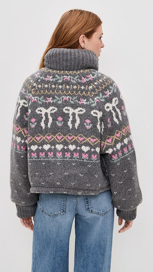 Charcoal Grey Fair Isle Knit Zip-Up Jacket