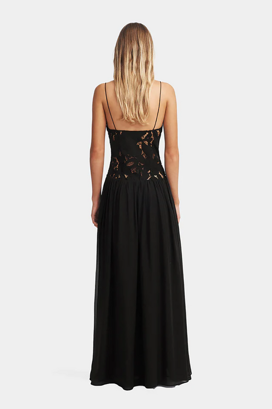 Black sleeveless floral cutout long dress