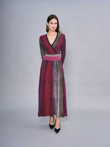 Multi-colored ribbed knit wrap maxi dress