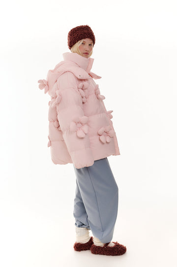 Down jacket with 3D flower embellishments