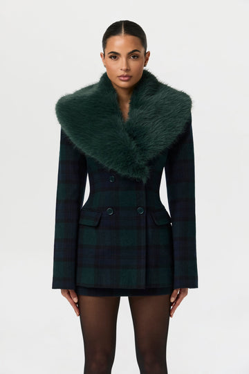 Plaid faux fur suit jacket