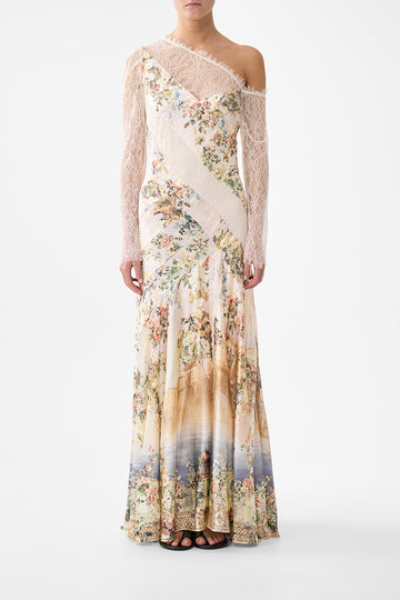 Floral print one-shoulder lace maxi dress