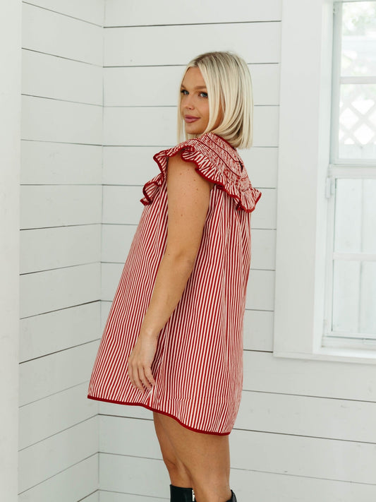 Striped ruffled neckline dress