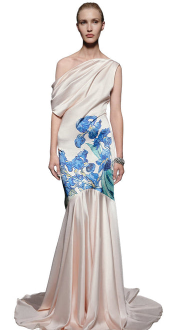 Blush Satin One-Shoulder Floral Evening Gown