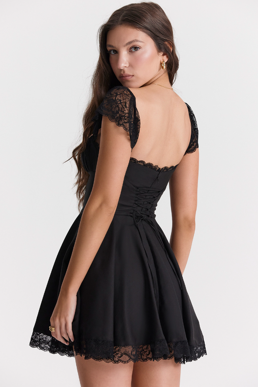 Black Lace-Trimmed Bustier Mini Dress