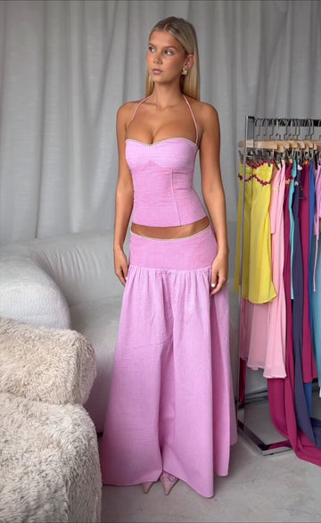 Pink Halter Corset Maxi Skirt Co-ord Set