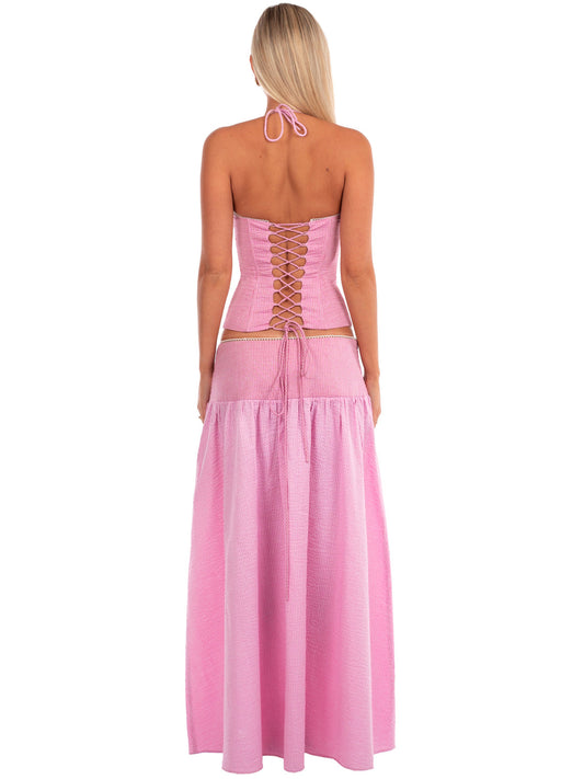 Pink Halter Corset Maxi Skirt Co-ord Set
