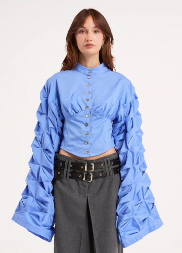 Bright Blue Ruched Puff-Sleeve Crop Shirt