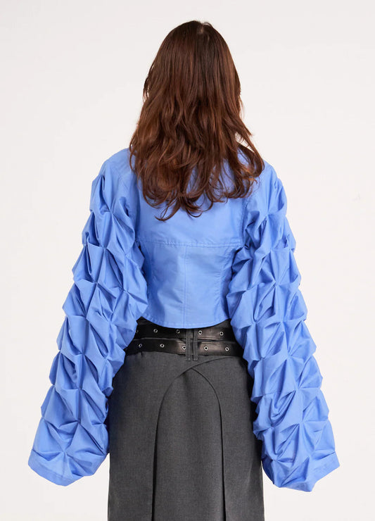 Bright Blue Ruched Puff-Sleeve Crop Shirt