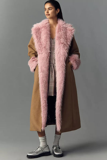 Faux Fur-Lined Wool Blend Maxi Coat