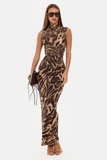 Leopard print fitted long dress