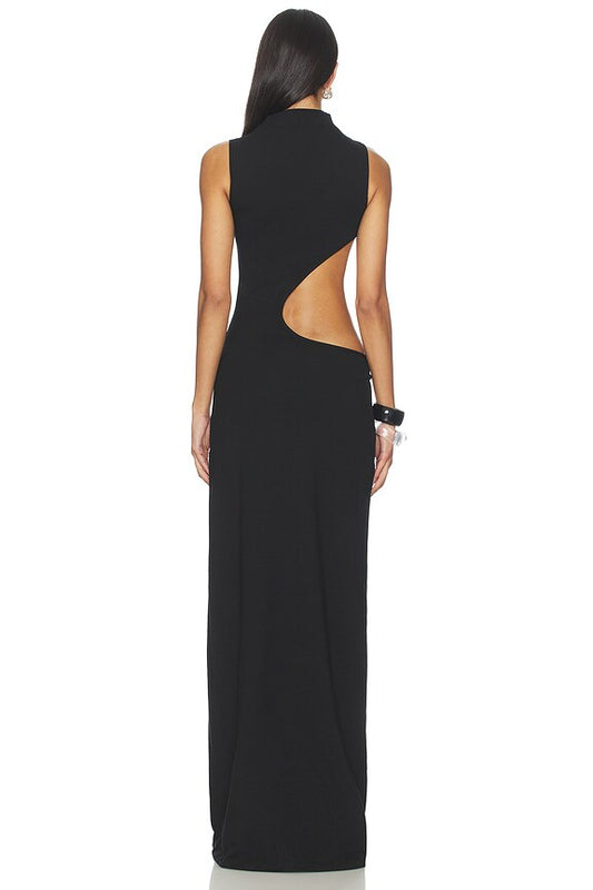 Black sleeveless high-neck hollowed-out long dress