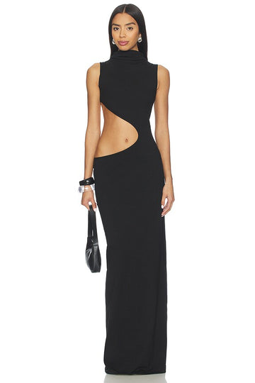 Black sleeveless high-neck hollowed-out long dress