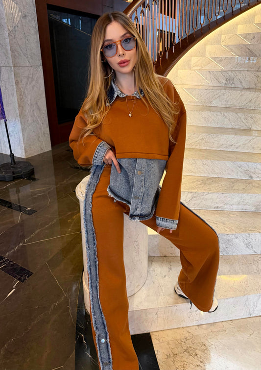 Terracotta denim patchwork sweatshirt and sweatpants set