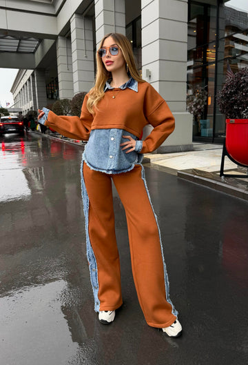 Terracotta denim patchwork sweatshirt and sweatpants set