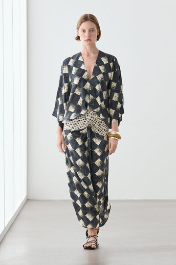 Black Geometric Print V-Neck Knotted Waist Wide-Leg Jumpsuit