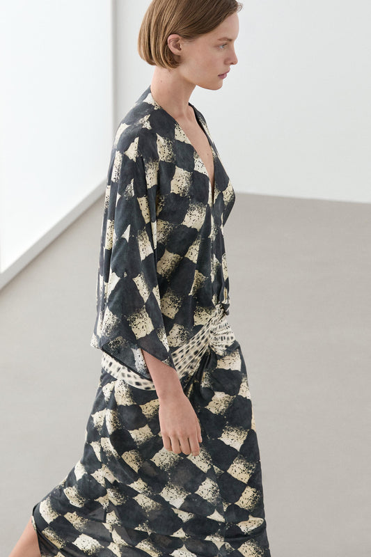 Black Geometric Print V-Neck Knotted Waist Wide-Leg Jumpsuit