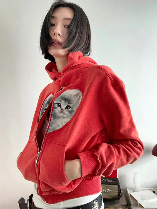Split Heart Cat Print Hoodie