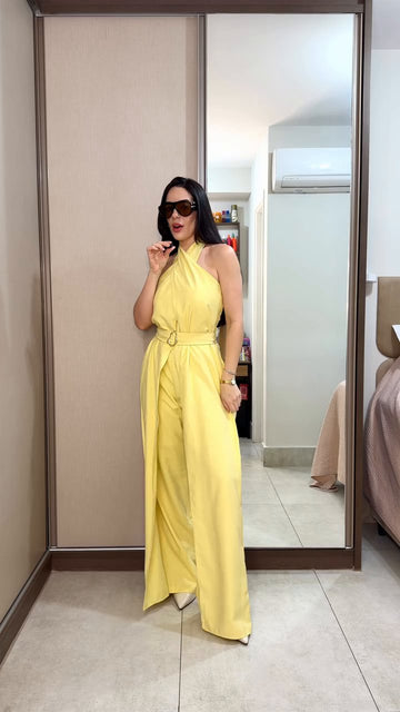 Women's Elegant Crepe Halter Wide Leg Jumpsuit with Belted Waist