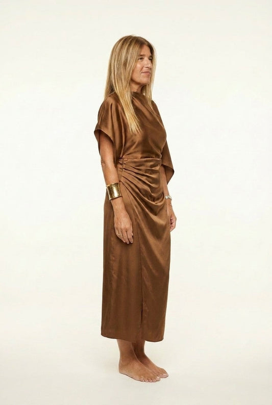 Brown Satin Draped Design Asymmetrical Hem Kaftan Dress
