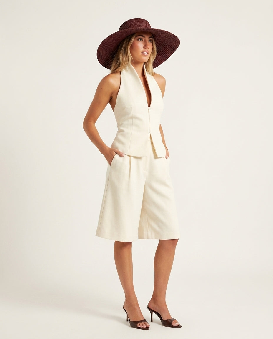 Ivory Eyelet Halter Short Set "Sienna" Ivory Short Set with Asymmetric silhouette and Linen Blend texture, side or back garment view for Resort Wear, Evening in Amalfi, Euro Chic Premium