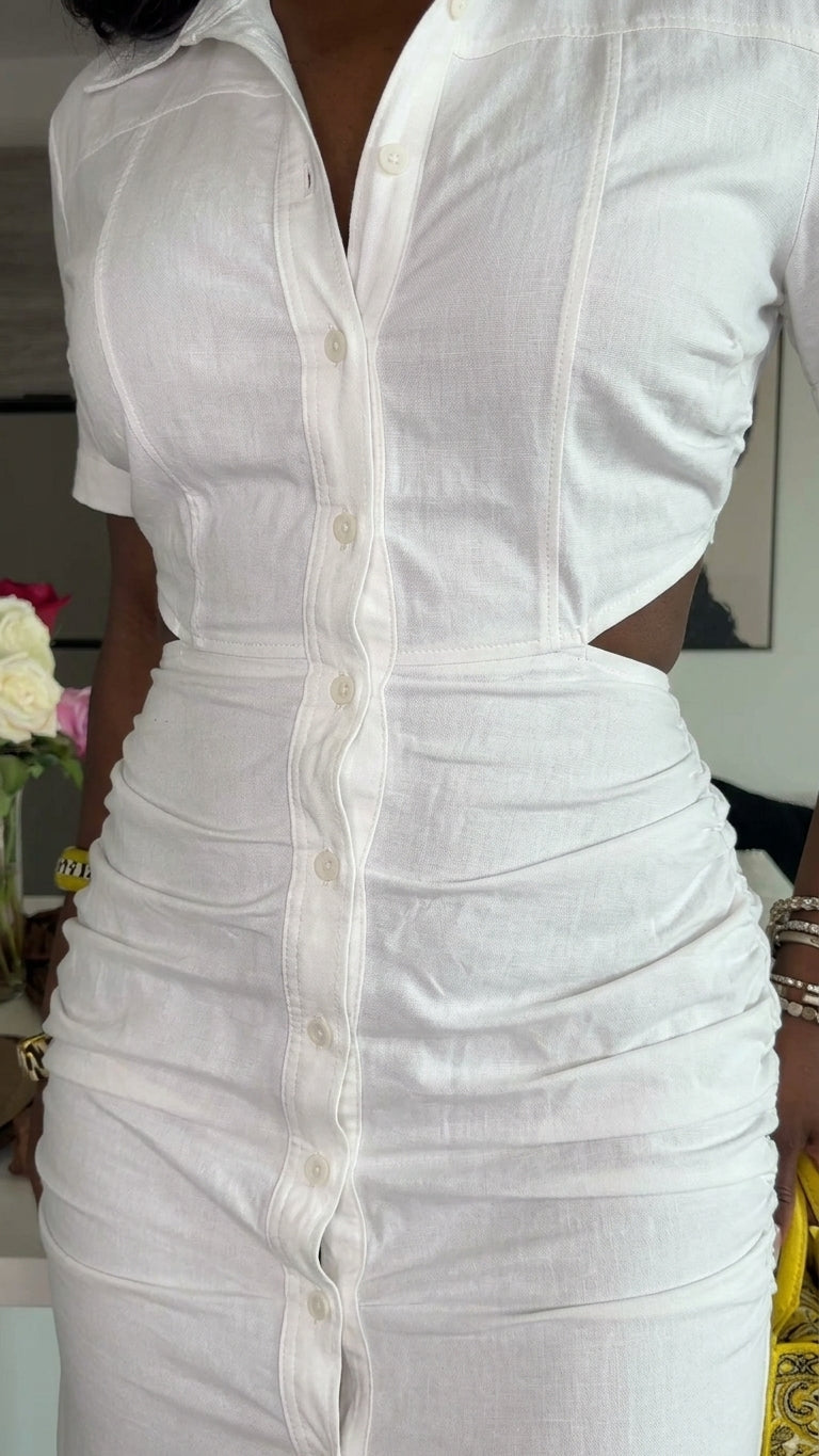 Ivory Eyelet V-Neck Maxi Dress "Mara" Ivory Maxi Dress with Relaxed Fit silhouette and Textured texture, additional styling view for Wedding Guest, a polished coastal brunch, US East / Hamptons Elite