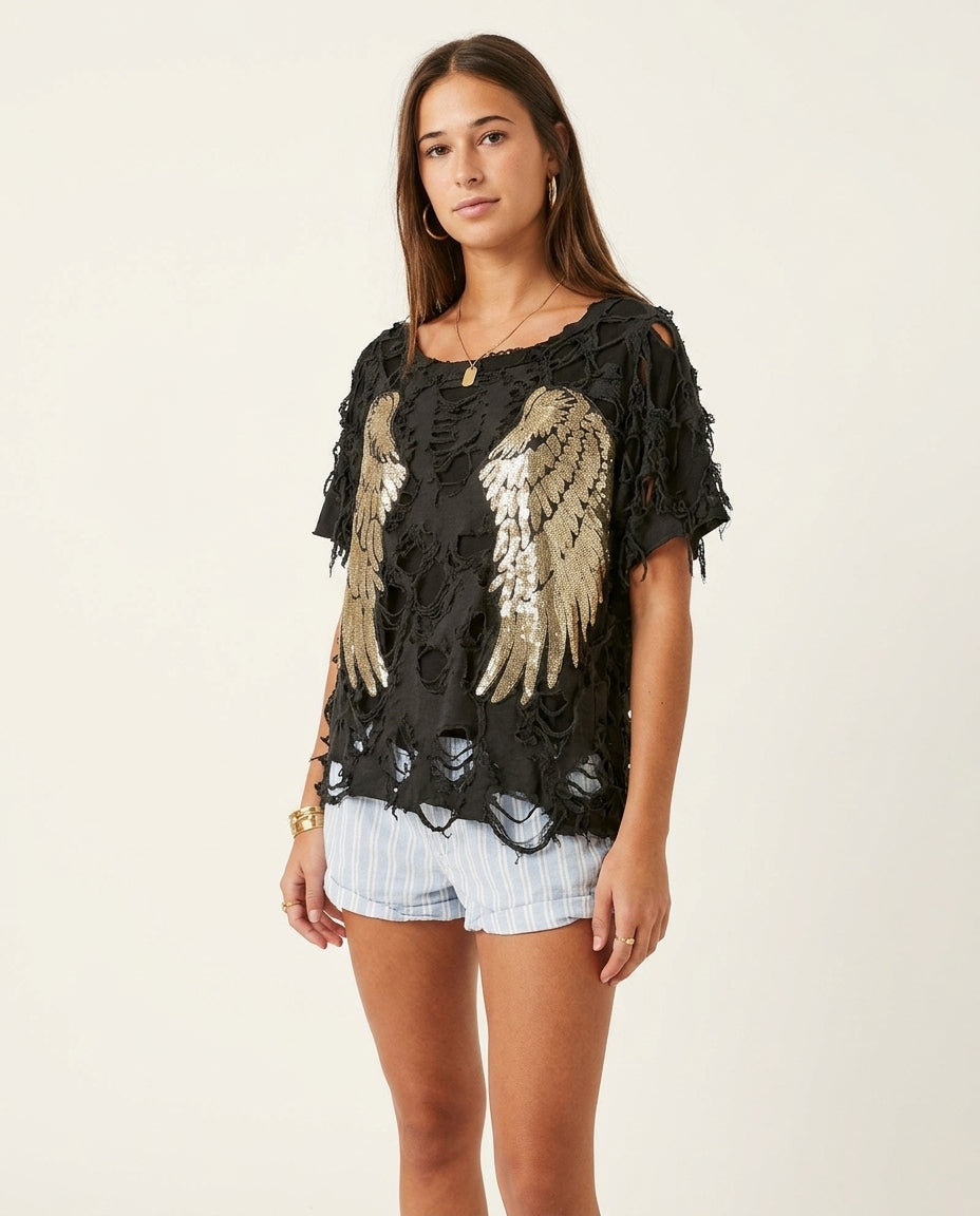 Black Eyelet V-Neck Top "Vivienne" Black Top with Relaxed Fit silhouette and Textured texture, clean studio product view for Vacation Styling, a Palm Springs weekend, US Coastal Glam