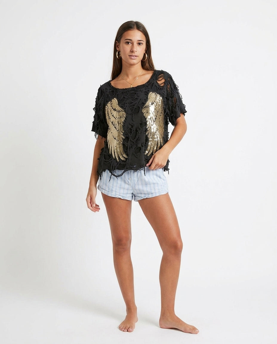 Black Eyelet V-Neck Top "Vivienne" Black Top with Relaxed Fit silhouette and Textured texture, side or back garment view for Vacation Styling, a Palm Springs weekend, US Coastal Glam