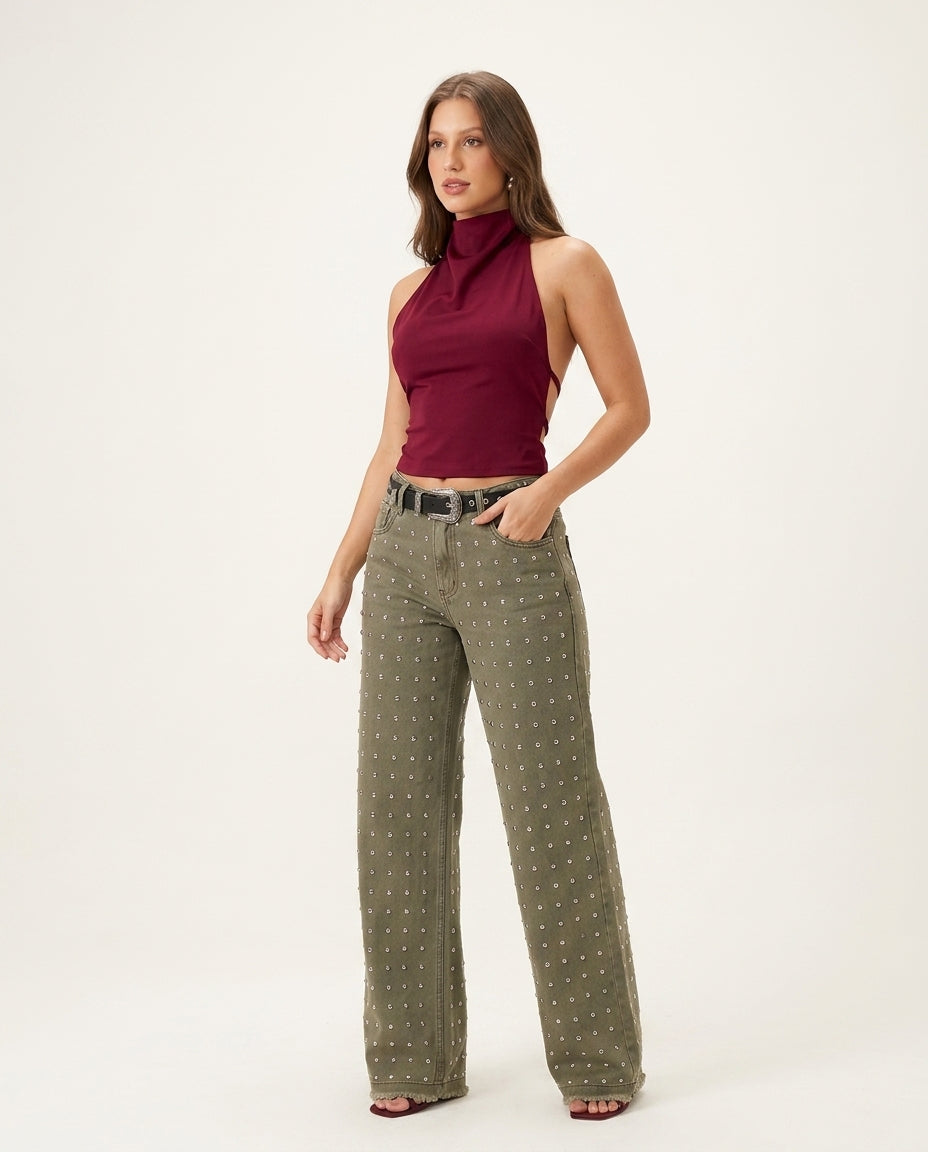 Burgundy Eyelet Halter Pant Set "Rosalie" Burgundy Pant Set with Wide-Leg silhouette and Textured texture, clean studio product view for Weekend Escape, Sunset in Malibu, US Coastal Glam