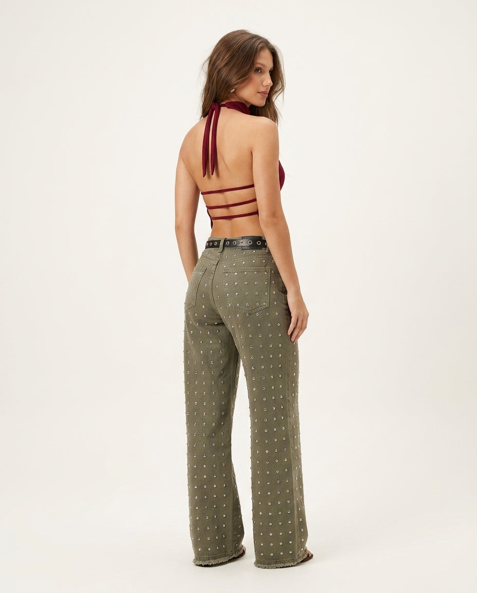 Burgundy Eyelet Halter Pant Set "Rosalie" Burgundy Pant Set with Wide-Leg silhouette and Textured texture, side or back garment view for Weekend Escape, Sunset in Malibu, US Coastal Glam