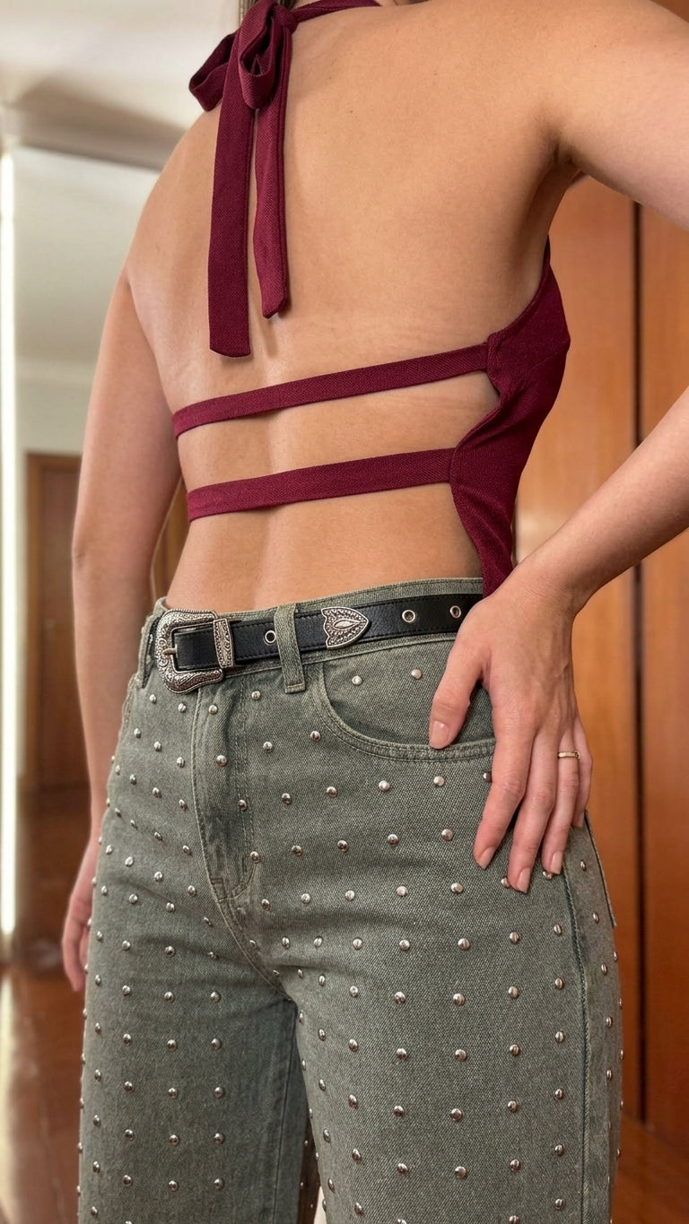 Burgundy Eyelet Halter Pant Set "Rosalie" Burgundy Pant Set with Wide-Leg silhouette and Textured texture, additional styling view for Weekend Escape, Sunset in Malibu, US Coastal Glam