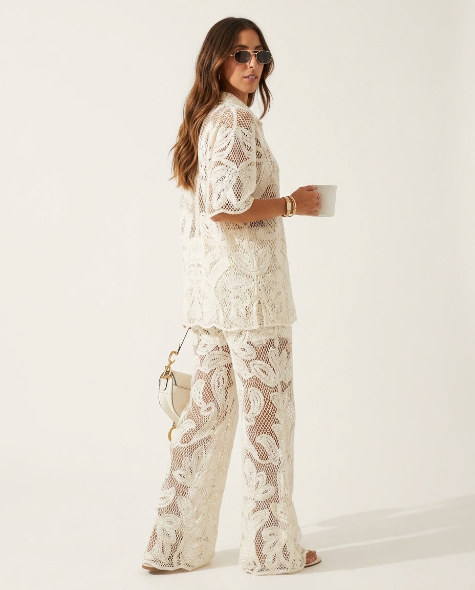 Ivory Eyelet V-Neck Maxi Dress "Freya" Ivory Maxi Dress with Relaxed Fit silhouette and Textured texture, side or back garment view for Resort Wear, a private garden lunch, US East / Hamptons Elite
