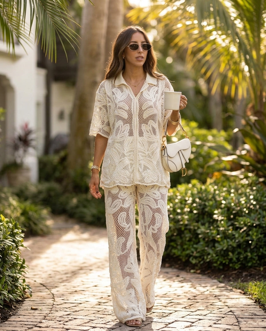Ivory Eyelet V-Neck Maxi Dress "Freya" Ivory Maxi Dress with Relaxed Fit silhouette and Textured texture, lifestyle scene image for Resort Wear, a private garden lunch, US East / Hamptons Elite