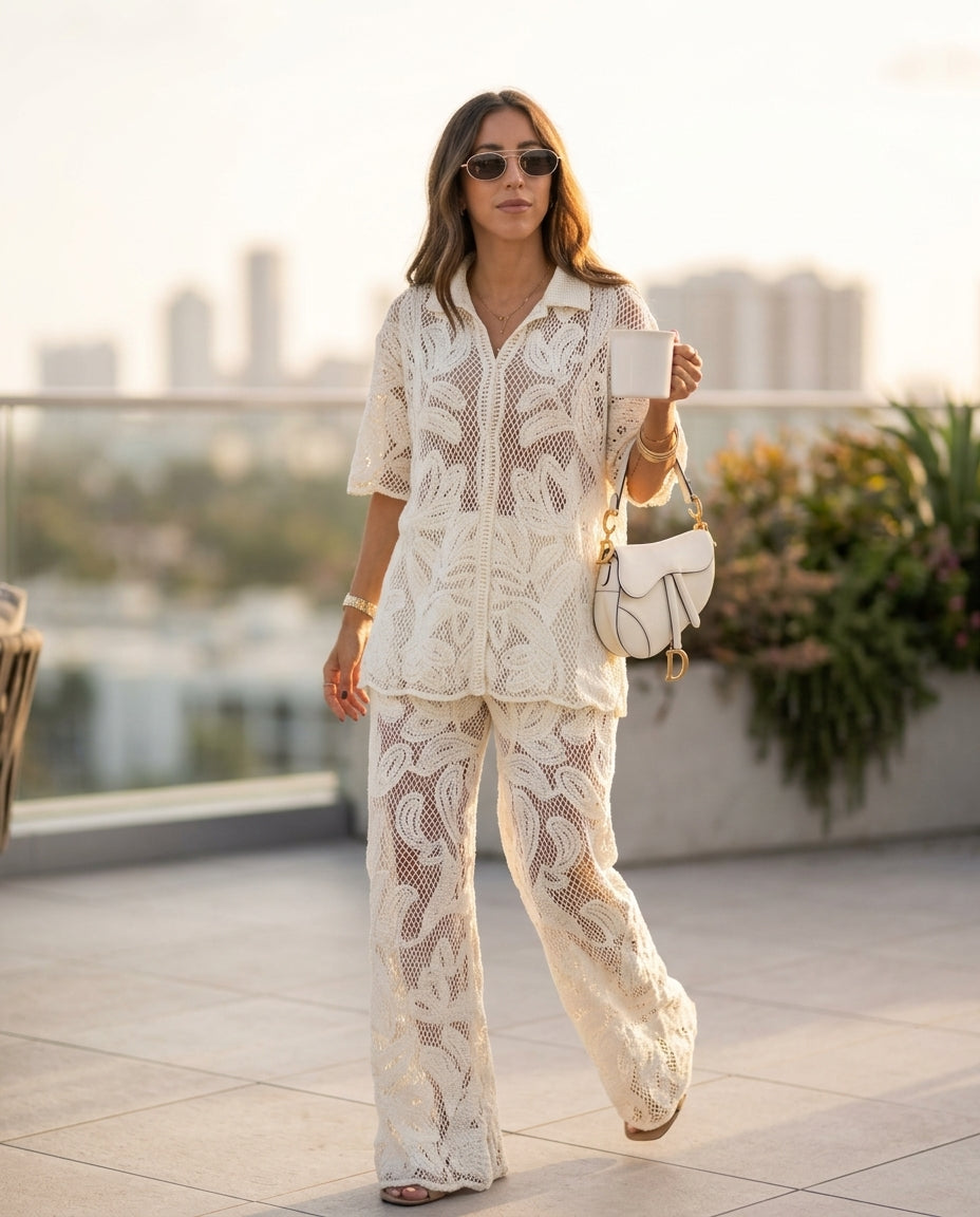 Ivory Eyelet V-Neck Maxi Dress "Freya" Ivory Maxi Dress with Relaxed Fit silhouette and Textured texture, outdoor styling image for Resort Wear, a private garden lunch, US East / Hamptons Elite