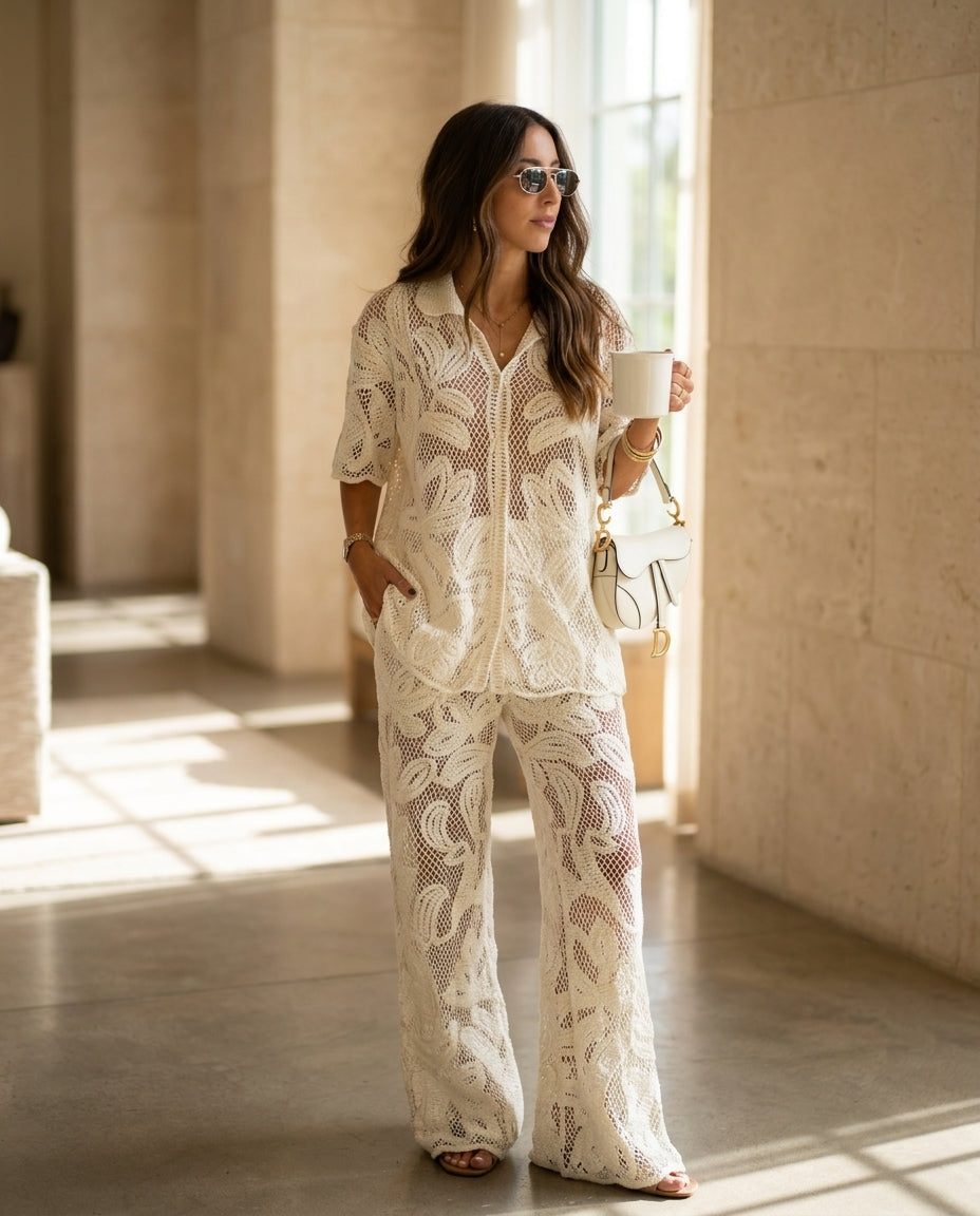 Ivory Eyelet V-Neck Maxi Dress "Freya" Ivory Maxi Dress with Relaxed Fit silhouette and Textured texture, editorial ecommerce scene for Resort Wear, a private garden lunch, US East / Hamptons Elite