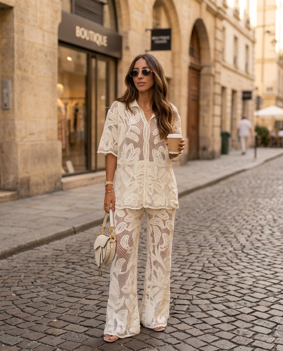 Ivory Eyelet V-Neck Maxi Dress "Freya" Ivory Maxi Dress with Relaxed Fit silhouette and Textured texture, fabric and construction detail for Resort Wear, a private garden lunch, US East / Hamptons Elite