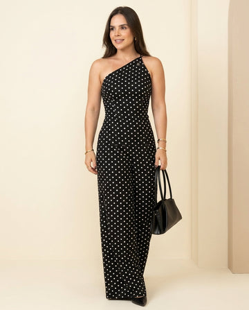 Black Eyelet One-Shoulder Jumpsuit "Livia" Black Jumpsuit with Asymmetric silhouette and Textured texture, front view product image for Vacation Night, Evening in Amalfi, Euro Chic Premium