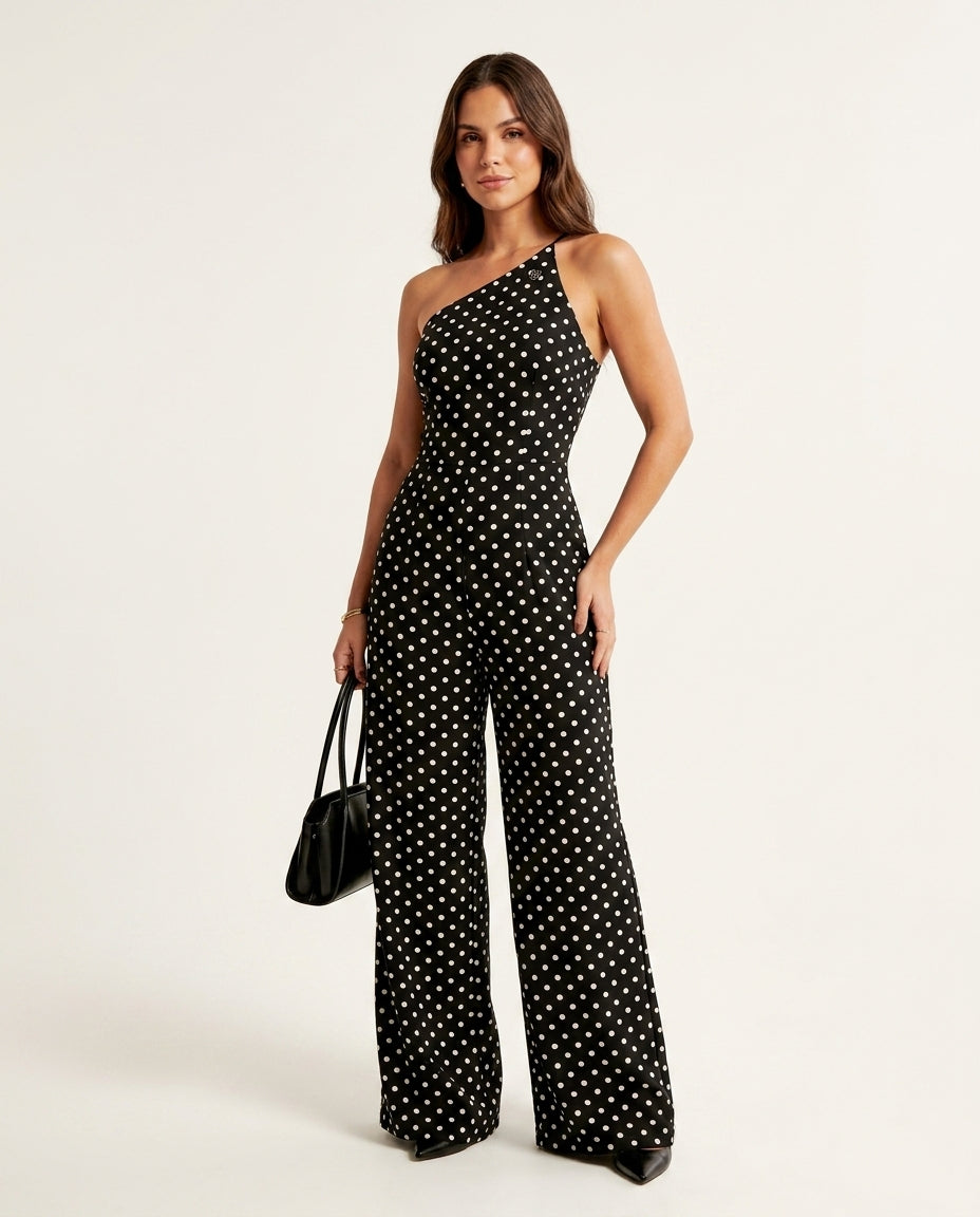 Black Eyelet One-Shoulder Jumpsuit "Livia" Black Jumpsuit with Asymmetric silhouette and Textured texture, clean studio product view for Vacation Night, Evening in Amalfi, Euro Chic Premium