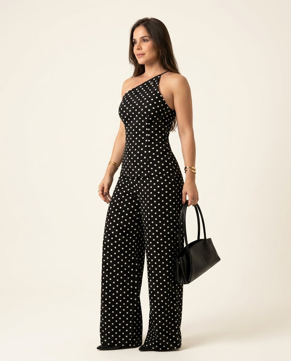 Black Eyelet One-Shoulder Jumpsuit "Livia" Black Jumpsuit with Asymmetric silhouette and Textured texture, side or back garment view for Vacation Night, Evening in Amalfi, Euro Chic Premium